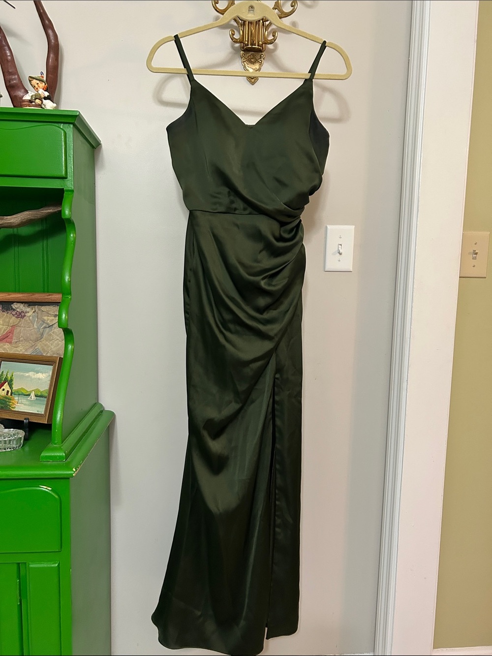 Revelry Olive Green Satin Slip Maxi Dress with Side Drape